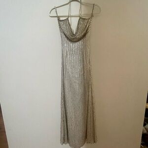 Mia Bella Couture SilK Beaded Sequin Maxi Halter Dress